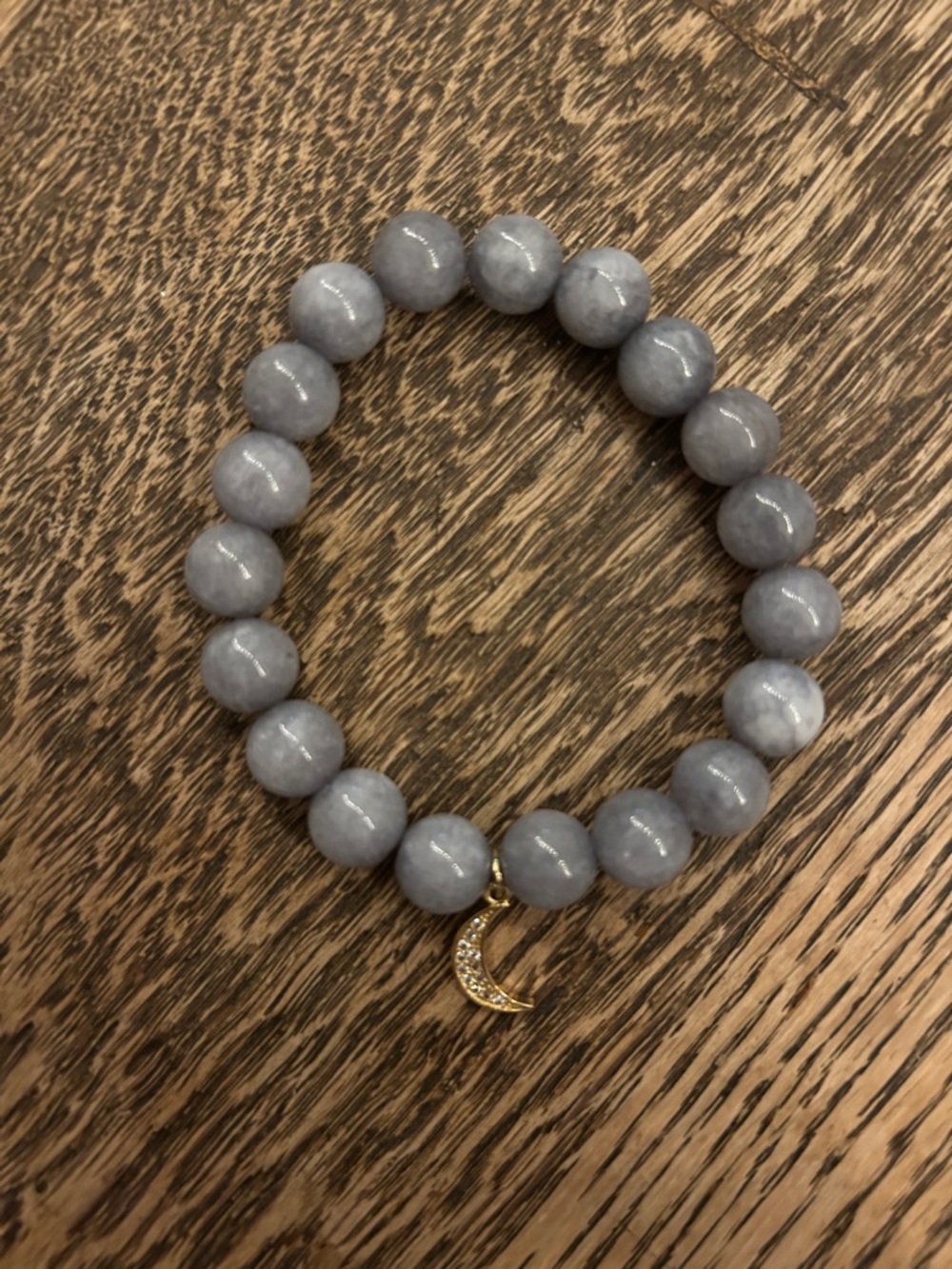 Gray Beaded Stretch Bracelet with Gold Moon Charm